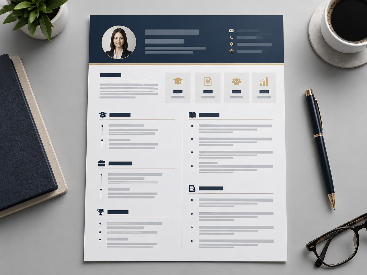Contoh portofolio dosen satu halaman A4 dengan header navy dan aksen emas